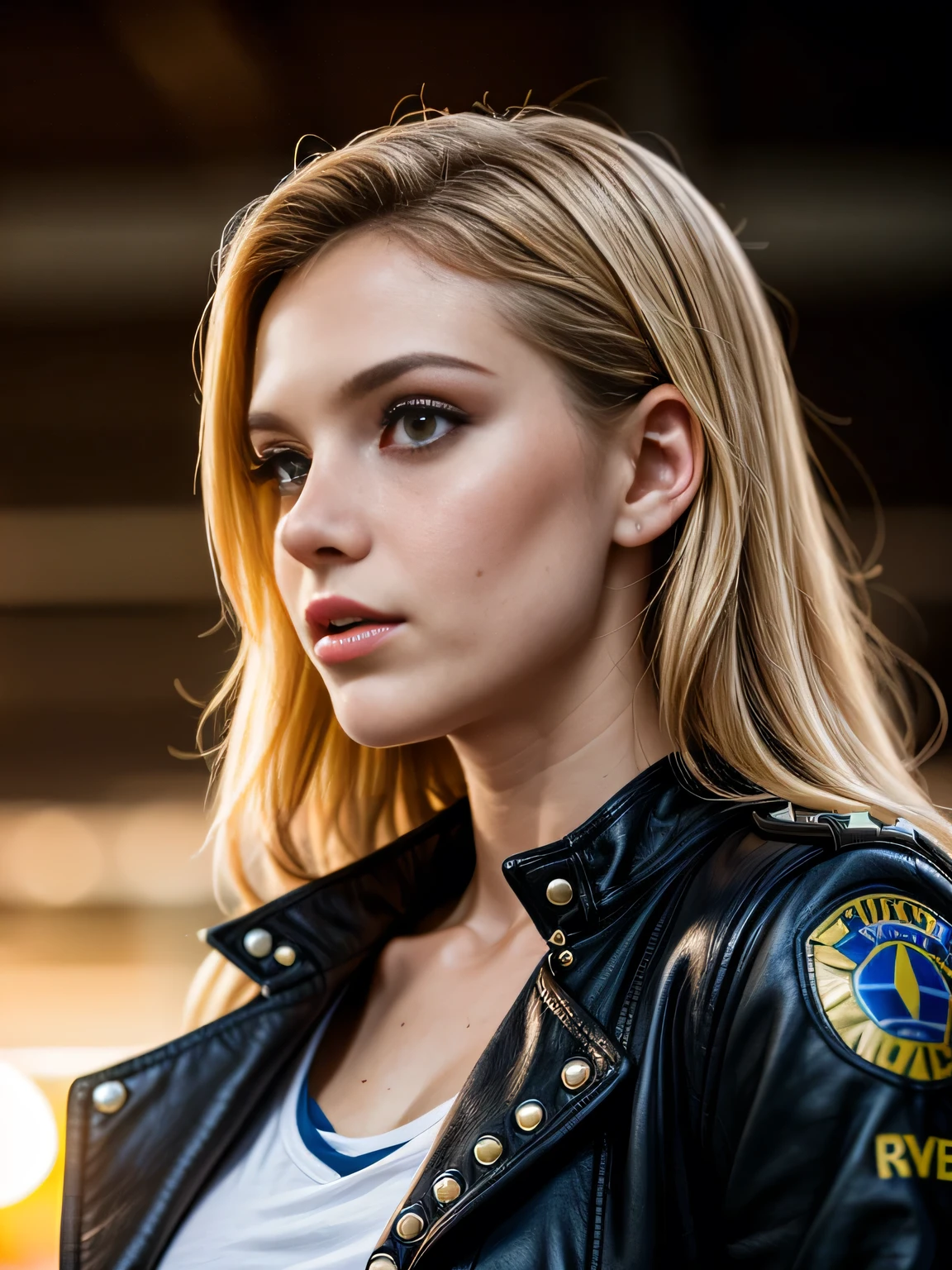 (masterpiece, photorealistic:1.4, extremely intricate:1.3, radiosity, photon mapping, dtx), ((20 year old muscular supermodel, ((25 years old), serious, long eyelashes, makeup:1.1), black leather trench coat, cleavage t-shirt, ((((chrome rivets)), side view:0.8, from below)))), ((([skin detail:freckles:0.6], portrait, closeup))), outdoor, NASCAR, faraway racetrack, professional photograph, (long curly [blonde hair:orange hair:0.4], wind), BREAK ((sunset), bokeh, blurry background), BREAK, ((([small breasts:large breasts:0.7])))