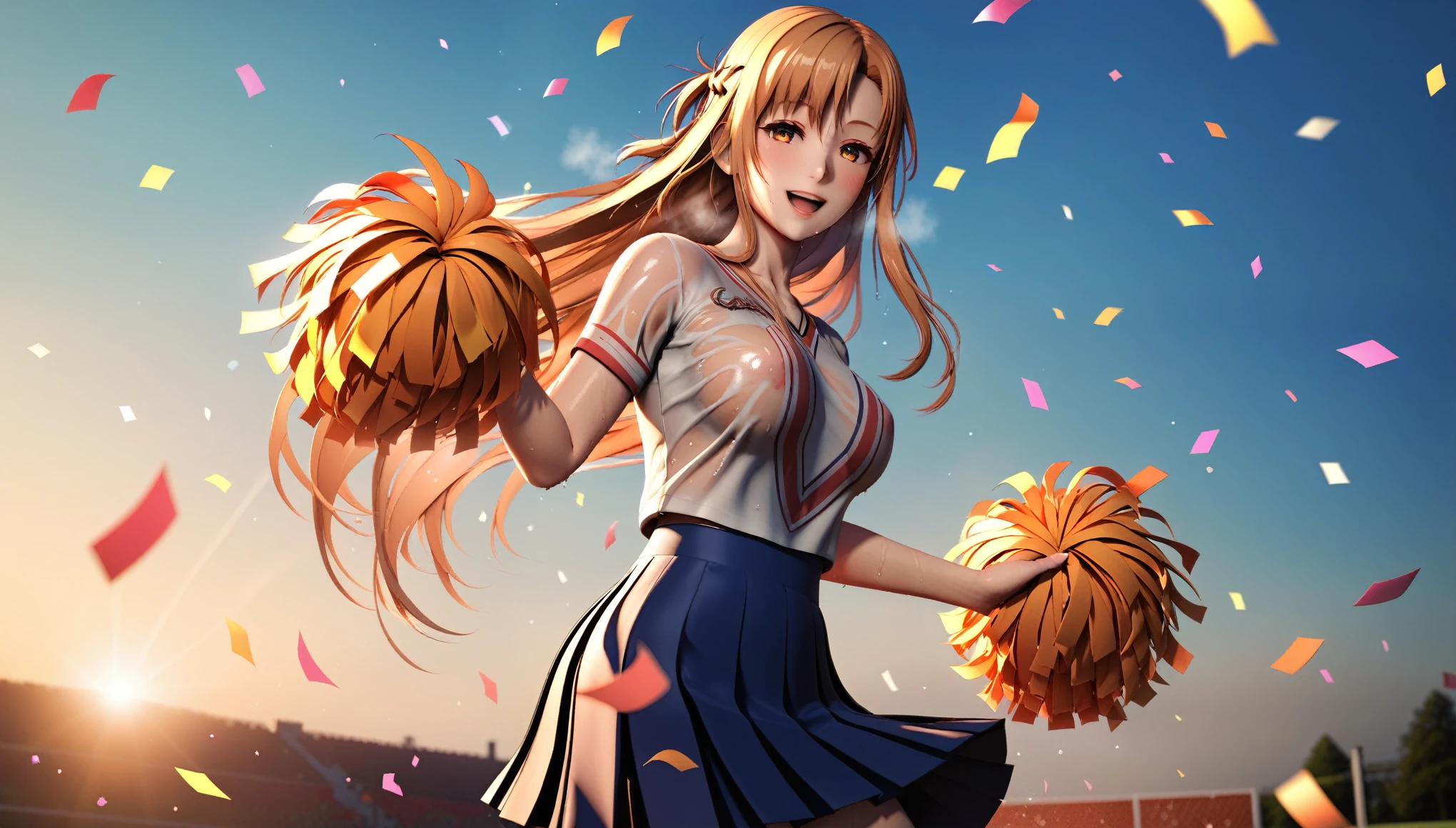 score_9, score_8_up, score_7_up, score_6_up, uncensored, Yuuki Asuna, absurdly long hair, orange eyes, orange hair, very long hair, lips, shiny skin, sweating, wet, wet hair, steaming body, heavy breathing, large breasts, detailed body, detailed eyes, seductive smile, upper teeth, happy,1girl, cheerleader, cowboy shot, pom pom \(cheerleading\), :d, pink clothing, masterpiece,best quality,highres,ultra-detailed, outdoors, dusk, confetti, pleated skirt, 3d,