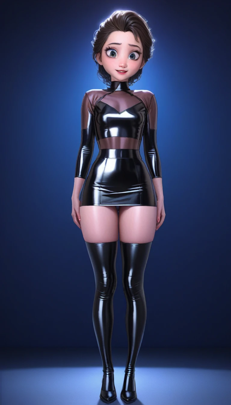 8K, very realistic, realistic, detailed, realistic, elsa face ,  sexy look, big eyes, bright smile, high quality, whole body, Sisdeep_loli, black hair, realistic 얼굴, Huge,/  tight black latex top, ((tight black latex skirt)) , Beauty, . 1 kpop idol, ,(Standing in a short latex miniskirt and spreading your legs wide )