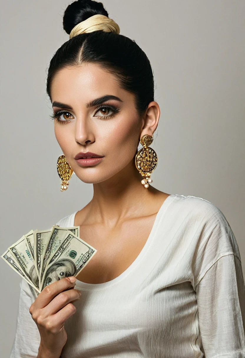 white woman, stubble beard, big nose, makeup, black hair tied back, stubble beard, thick and well-groomed, black eyes, seductive and proud look, large golden earrings, holds dollar bills, stubble beard