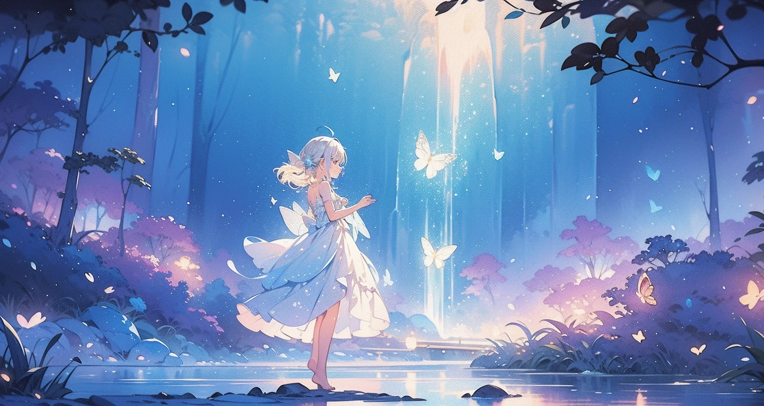 glowing fairies, beautiful girl in a sparkling delicate white dress, glowing lights, fireflies, glowing butterflies, Fairytale Creatures, watercolor illustration, bright pastel colors, Dreamy, Colorful, bizarre, magic, masterpiece, Best quality, sharp focus, intricately detailed environment, small parts, permission 8k, waterfall lagoon, (magic lagoon), (waterfall, lake),