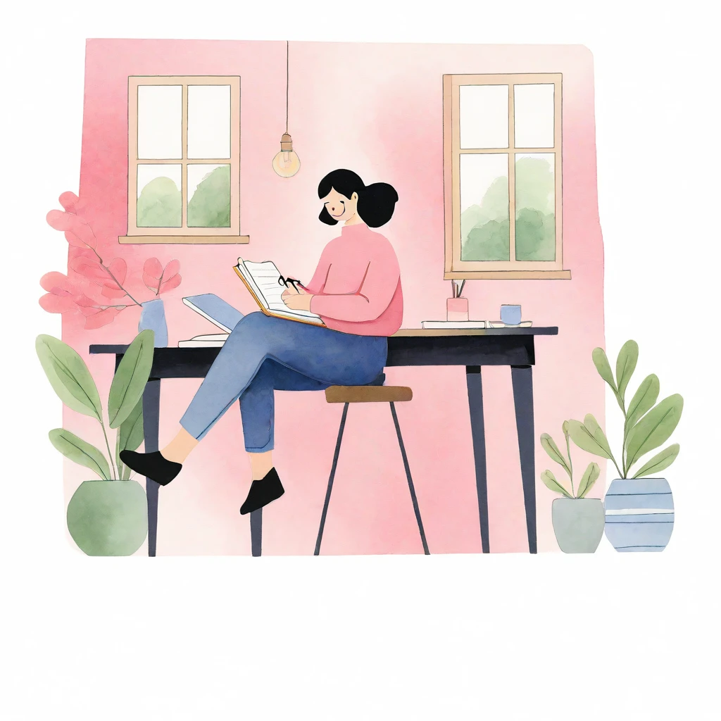 watercolor illustration In the tranquil scene of this image, a young black-haired woman is immersed in her own world, sitting at a desk in a room adorned with a pink wall. She is writing in a notebook, her hand gently holding a pen. The room environment exudes a warm and cozy atmosphere.