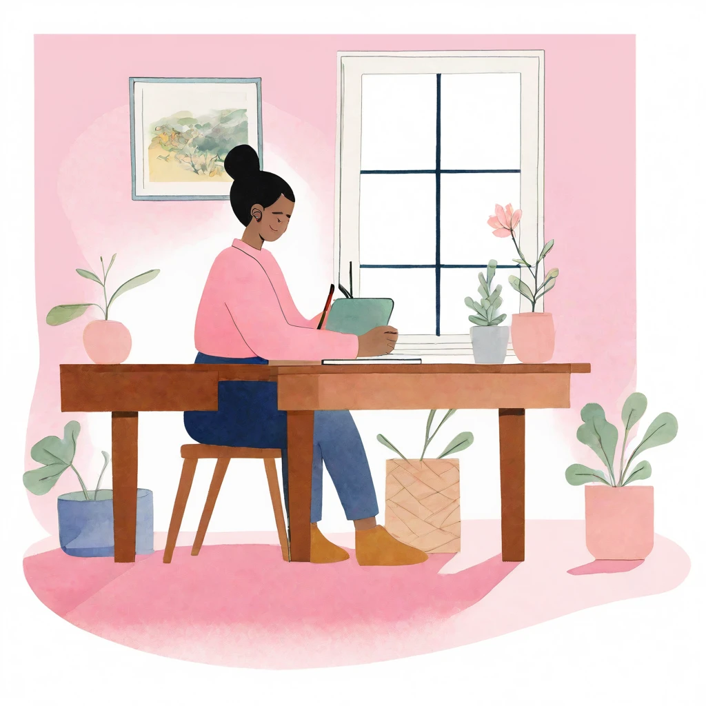 watercolor illustration In the tranquil scene of this image, a young black-haired woman is immersed in her own world, sitting at a desk in a room adorned with a pink wall. She is writing in a notebook, her hand gently holding a pen. The room environment exudes a warm and cozy atmosphere.