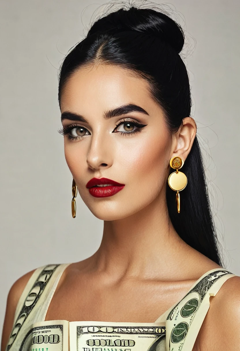 white woman, stubble beard, big nose, makeup, black hair tied back, stubble beard, thick and well-groomed, black eyes, seductive and proud look, large golden earrings, holds dollar bills