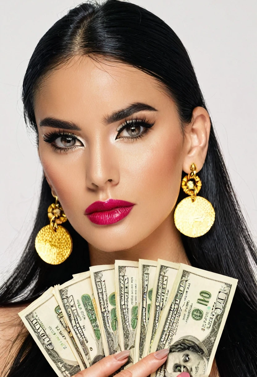 white woman, stubble beard, big nose, makeup, black hair tied back, stubble beard, thick and well-groomed, black eyes, seductive and proud look, large golden earrings, holds dollar bills