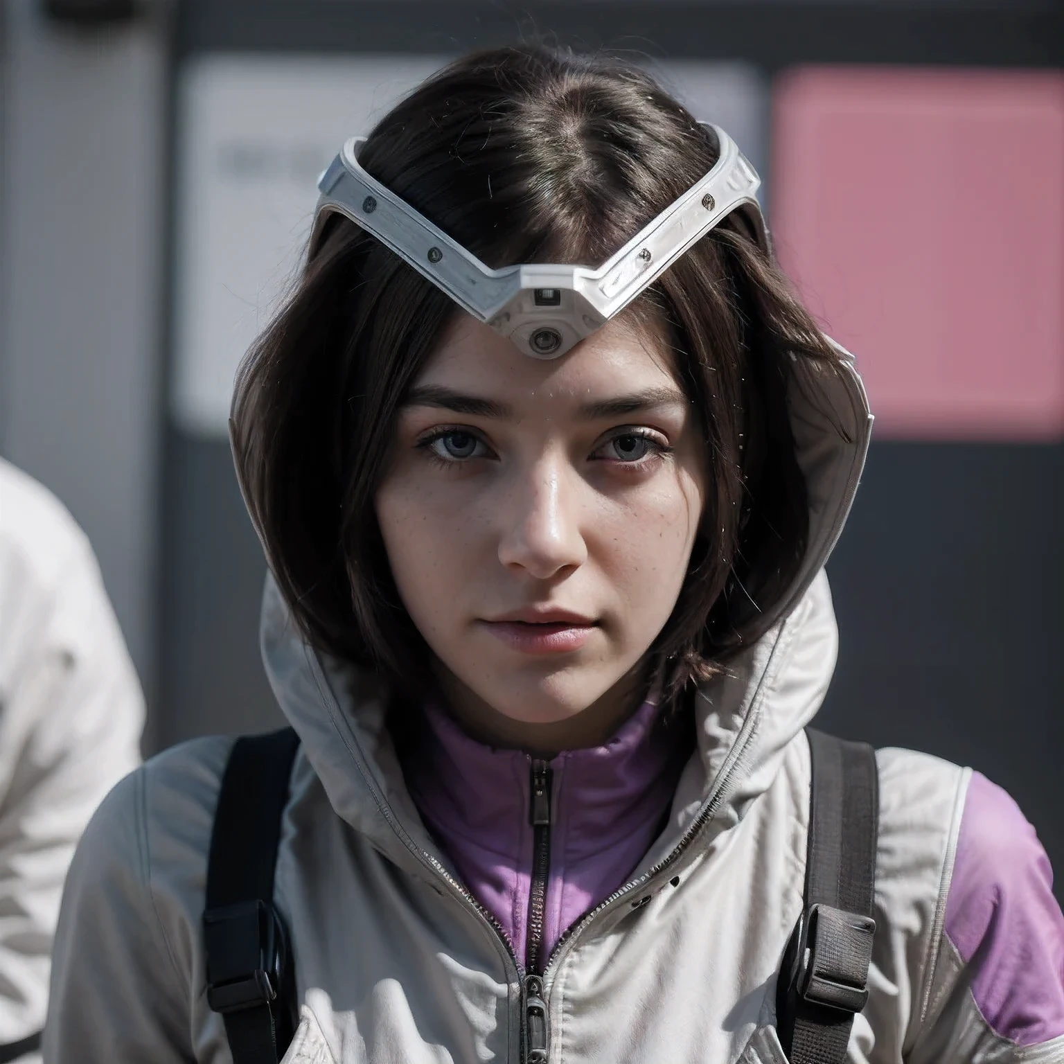 Photo of a college student, Purple Pink, Futuristic space suit, (freckle:0.8) Cute face, Science Fiction, Dystopia, Delicate eyes, Green pupils（（side view））