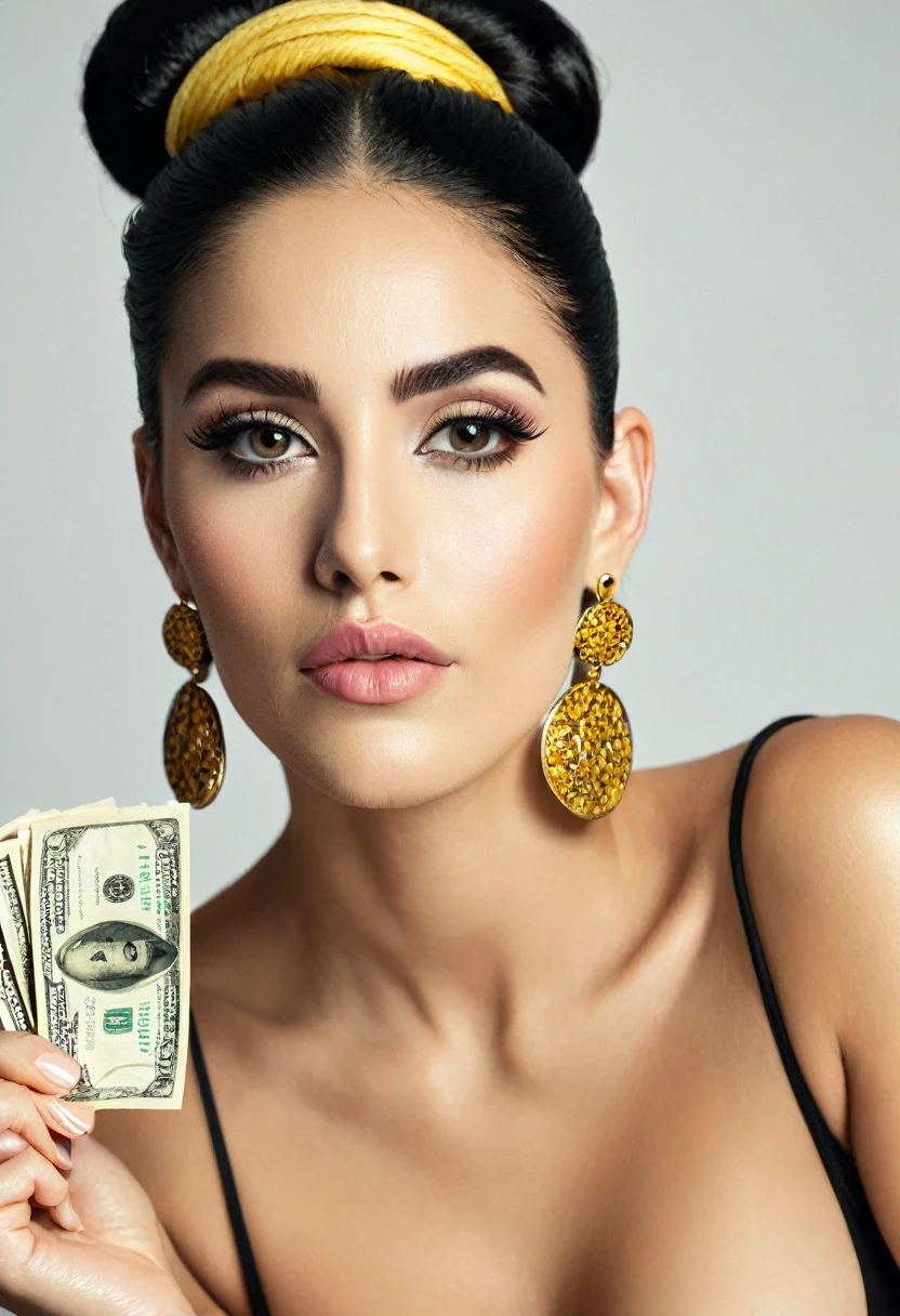 white woman, stubble beard, big nose, makeup, black hair tied back, stubble , thick and well-groomed, black eyes, seductive and proud look, large golden earrings, holds dollar bills