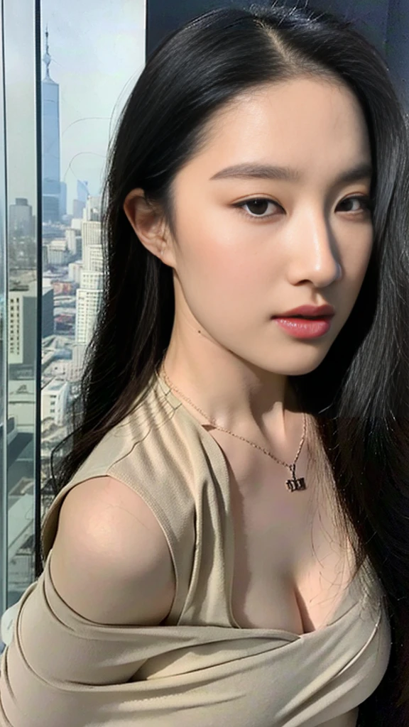 ((Top quality, 8k, Masterpiece: 1.3)), beauty, hidden face, (1women. 25 years old). slender abs:1.1, (big breasts:1.3). ((long straight black hair. Necklace)). High heels. Strapples tube mini dress_high heels. Long legs. Full body. stand. looking back. Sexy buttocks. visible from behind. shot from the back angle. in front of a glass wall. daytime city view). ultra-detailed face, highly detailed lips, detailed eyes, double eyelid. Make-up face. Peach lipstick. Thailand world center