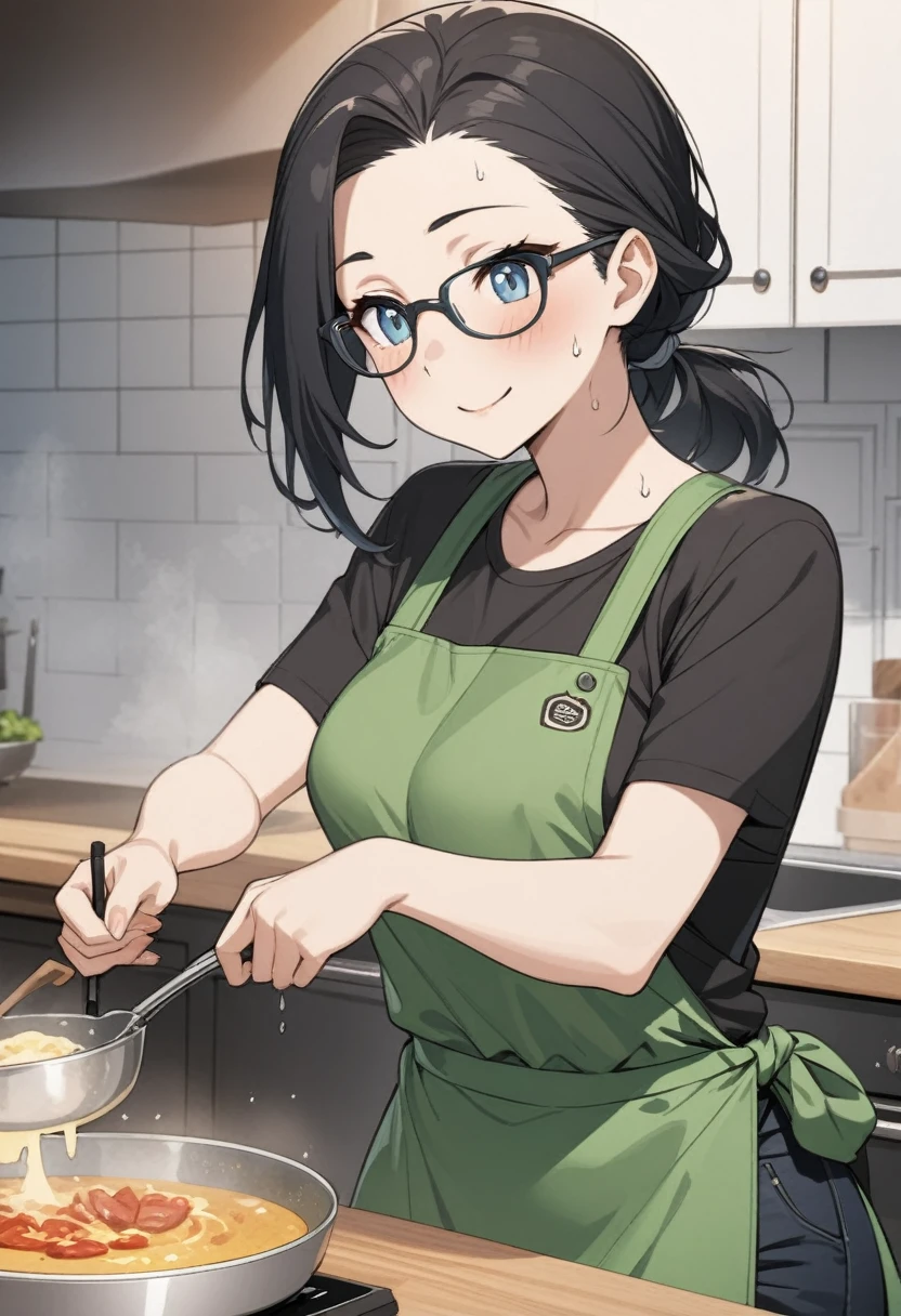 Adult female, highly detailed, glasses, short black hair wolf cut style tied back, blue eyes, smile, kitchen, green apron, black shirt, black jeans, perfect eyes, high quality, best quality, cooking, happy, sweat