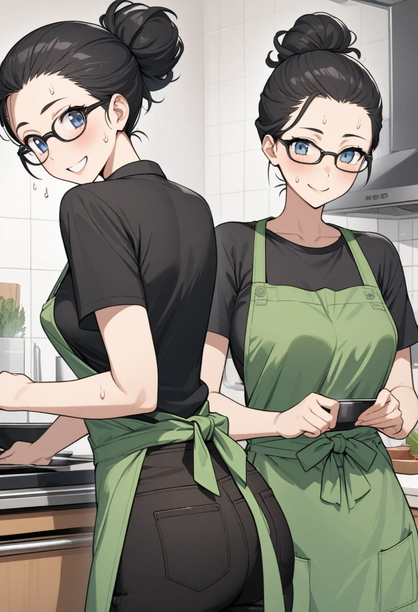 Adult female, highly detailed, glasses, short black hair wolf cut style tied back, blue eyes, smile, kitchen, green apron, black shirt, black jeans, perfect eyes, high quality, best quality, big head, cooking, happy, sweat