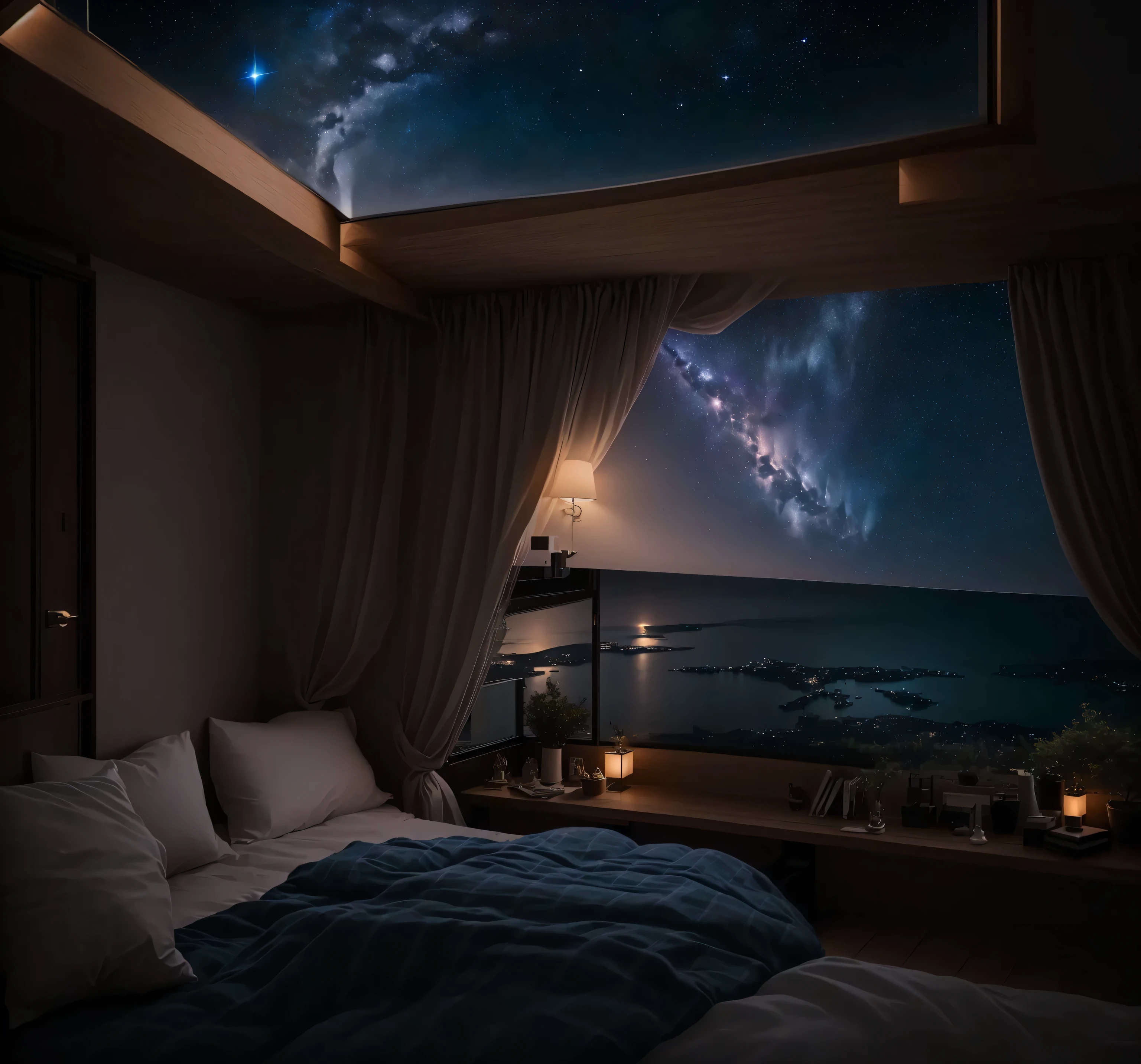 Aerial view of bedroom,There is a bed and the night sky, dream like atmosphere 8k, The outside space seen from the window, Night under the stars, moonlit starry sky environment, Bedroom Background, Galactic environment, Dream Night, Night scenery, Night Rendering, In the bedroom, Sea view, Magical dreamy atmosphere