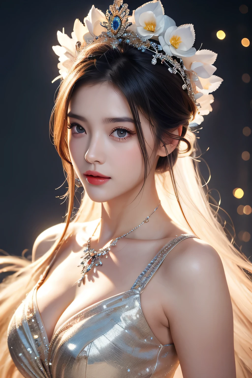 High-quality work，Realistic works，Super premium graphics，8K HD CG works，high quality graphics，High-definition and exquisite CG works，10x pixels，Ultra-fine details：1.1，Advanced technical details：1.1Realistic photo effects，Interior lighting effects：1.5，natural soft light：1.5. Light effect（Virtual light effects：1.8），ultra high resolution，shining dress，sliver long hair，silber hair，transparenthair，high detailed hair（Quality hair details：1.1）Clear eyes，Double eyelids look good，Sharp eye makeup, Create exquisite eyelash makeup, tthin eyebrows, Ultra-detailed eyes，a tall nose, lovely red lips, rosey cheeks, With delicate makeup on her face , pretty face, The face shape is perfectly proportioned,（Advanced facial details：1.1） Abstract Expressionism Abstract Beauty,Center,(eyes looking at camera:1.5),Nearly perfect,Dynamic,moonlight,Very detailed,number,Art Station,concept art,Smooth,Sharp focus,illustration, Vibrant brushwork, Bold Colors, ruffle form, expressive, emotion, official art,Unity 8K wallpaper,Ultra Detailed,Beautiful and beautiful,masterpiece,best quality,(zendispute, Mandala, dispute, endispute),(Fractal Art:1.3),1 Girl,Extremely detailed,(laugh:1.3)，Dynamic angle,Cowboy shooting,Chaos in its most beautiful form,elegant,Sexy,bright colors,，Women's artwork，Dress full body video，Realism，Amazing Cleavage，My eyes are very bright today
