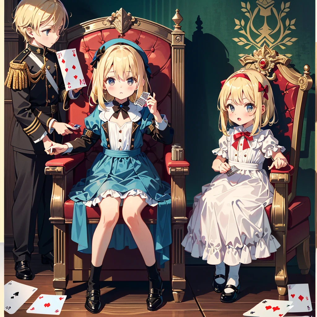 (((Masterpiece, highest quality, 8K))), Living Alice in Wonderland (Queen of Hearts Castle, Queen's Chair) ((1 girl (Alice's clothes, blonde, 5  girl)) Bullish expression , small, young, flat chest, round face, young, small: 1.25), (baby fact limbs): 1.3), from the side, (((sits in the Queen's chair in the castle of hearts, playing cards on the left and right) Soldiers line up with spears)), wide shot, full body shot