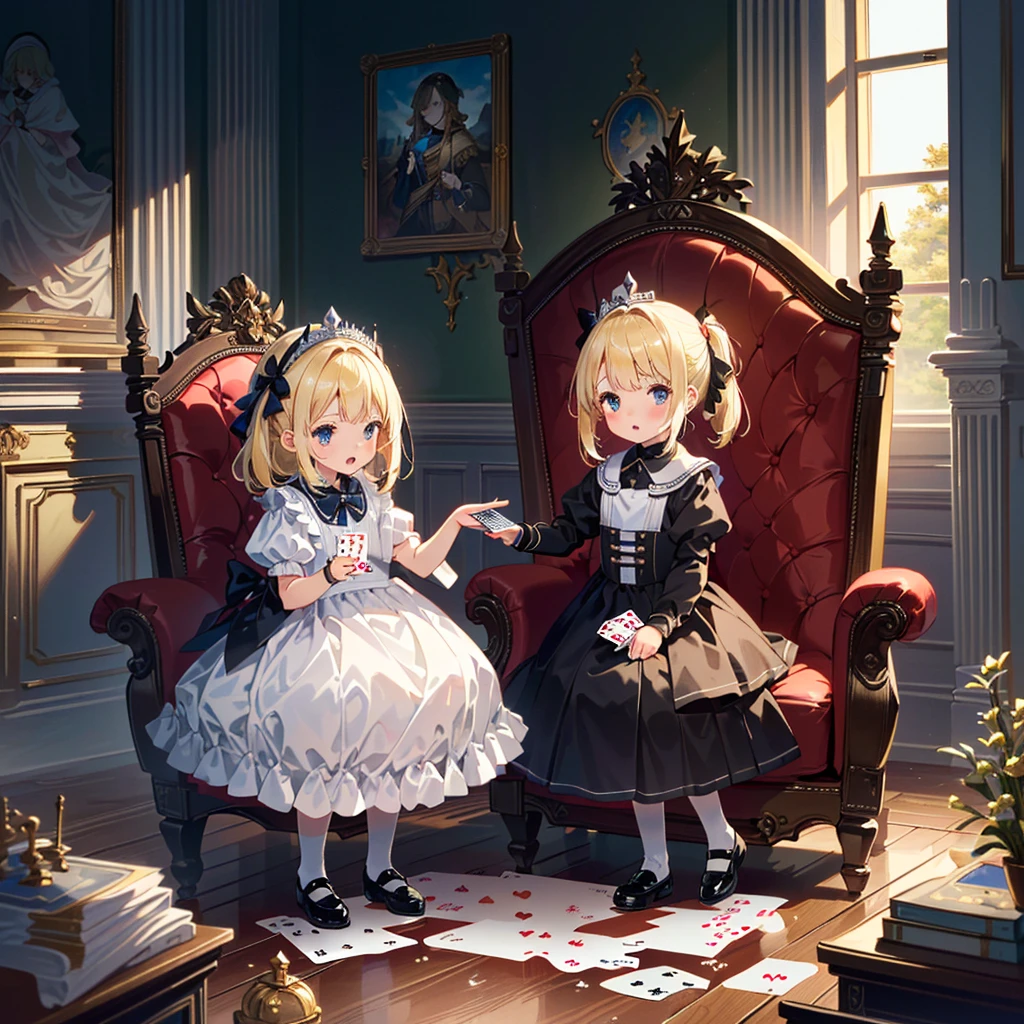 (((Masterpiece, highest quality, 8K))), Living Alice in Wonderland (Queen of Hearts Castle, Queen's Chair) ((1 girl (Alice's clothes, blonde, 5 year old girl)) Bullish expression , small, young, flat chest, round face, young, small: 1.25), (baby face), (short limbs): 1.3), from the side, (((sits in the Queen's chair in the castle of hearts, playing cards on the left and right) Soldiers line up with spears)), wide shot, full body shot