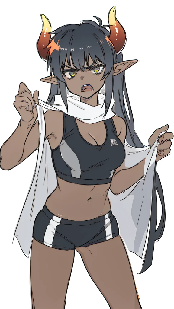 ((1girl,solo,mature female,s,adult)),medium breasts,long hair, black hair,angry expression,horns,elf ears,black scarf,cleavage,(dark skin),((black sports bra, midriff)),white background