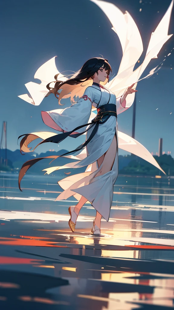 night,Moonlight reflects on the lake,There is a girl wearing white Hanfu by the lake,black hair,Waist length hair,Dance,antiquity