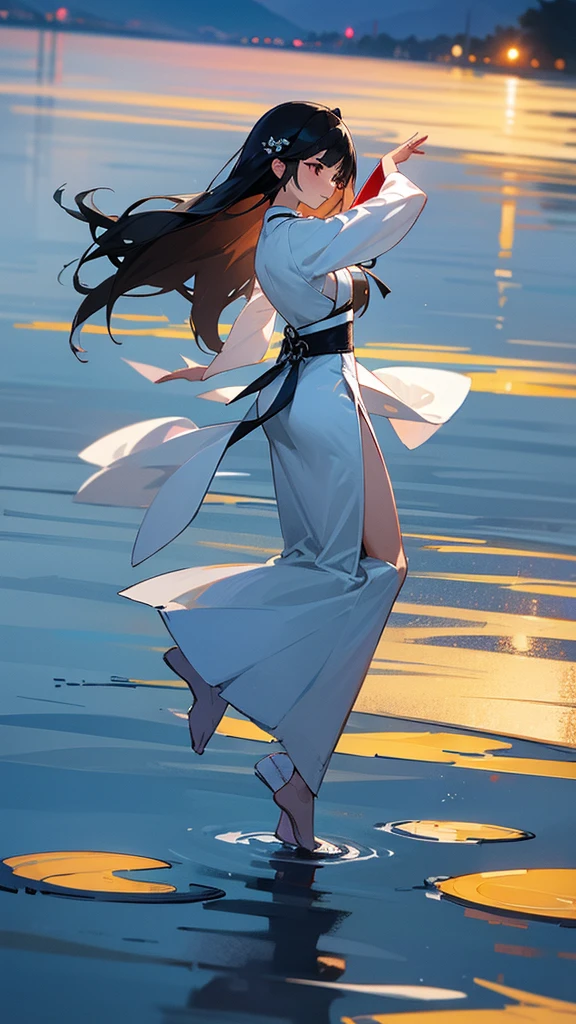 night，Moonlight reflects on the lake，There is a girl wearing white Hanfu by the lake，black hair，Waist length hair，Dance，antiquity