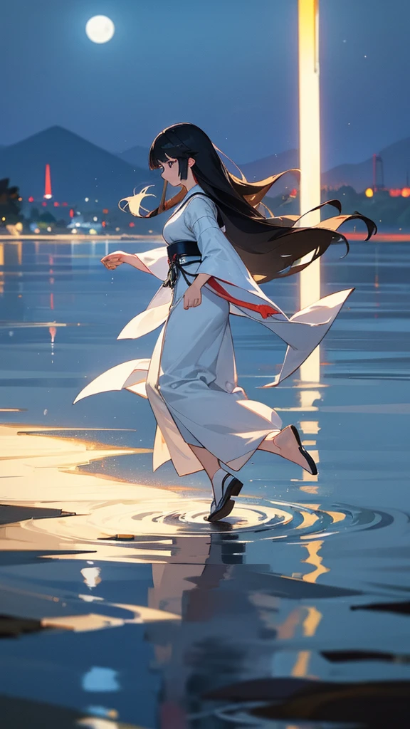 night,Moonlight reflects on the lake,There is a girl wearing white Hanfu by the lake,black hair,Waist length hair,Dance,antiquity