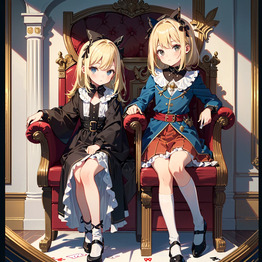 (((Masterpiece, highest quality, 8K))), Living Alice in Wonderland (Queen of Hearts Castle, Queen's Chair) ((1 girl (Alice's clothes, blonde, 5 year old girl)) Bullish expression , small, young, flat chest, round face, young, small: 1.25), (baby face), (short limbs): 1.3), from the side, (((sits in the Queen's chair in the castle of hearts, playing cards on the left and right) Soldiers line up with spears)), wide shot, full body shot