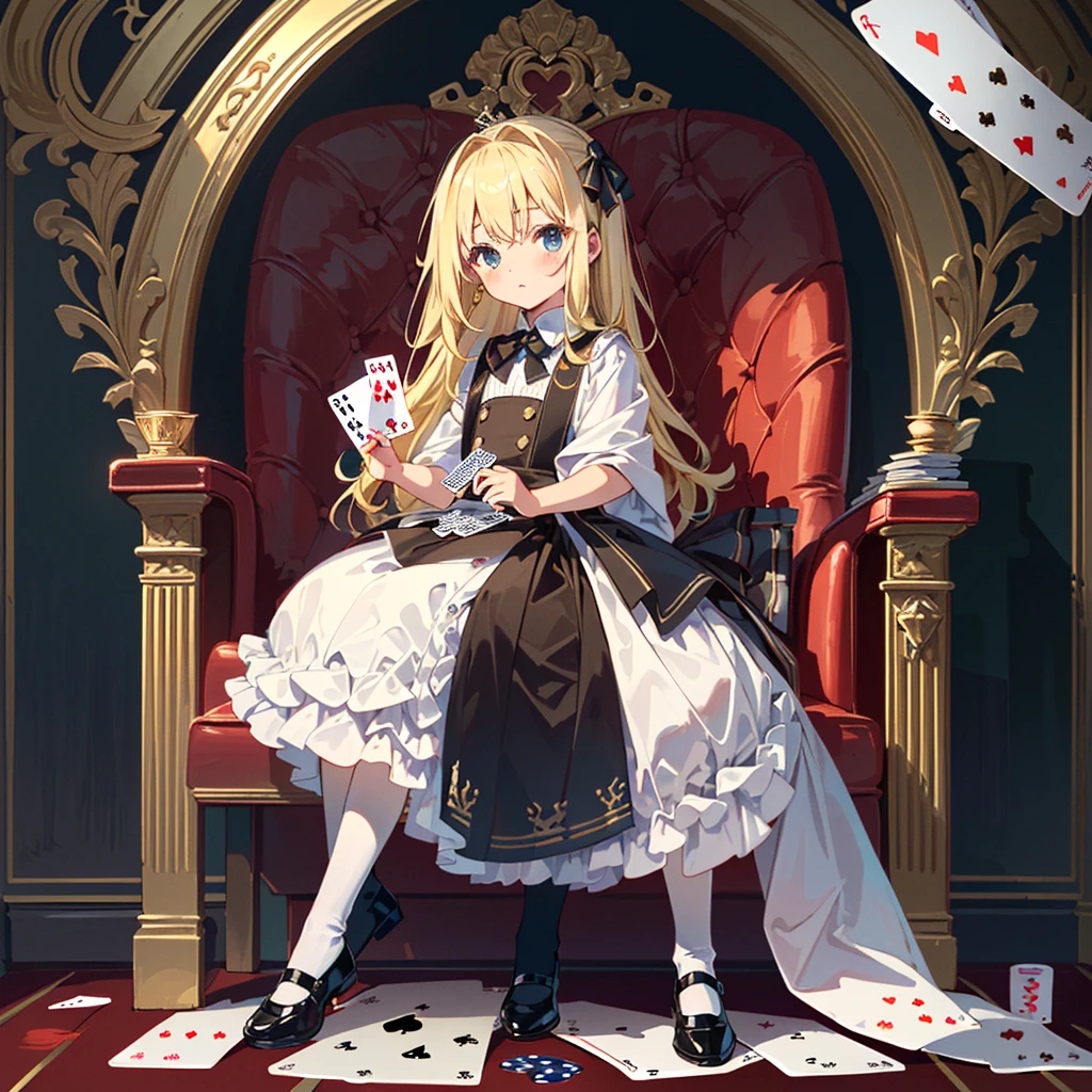 1girl, mysterious spaces,red and gold colors,card vortex,sit in a chair and float in the air , blonde hair,