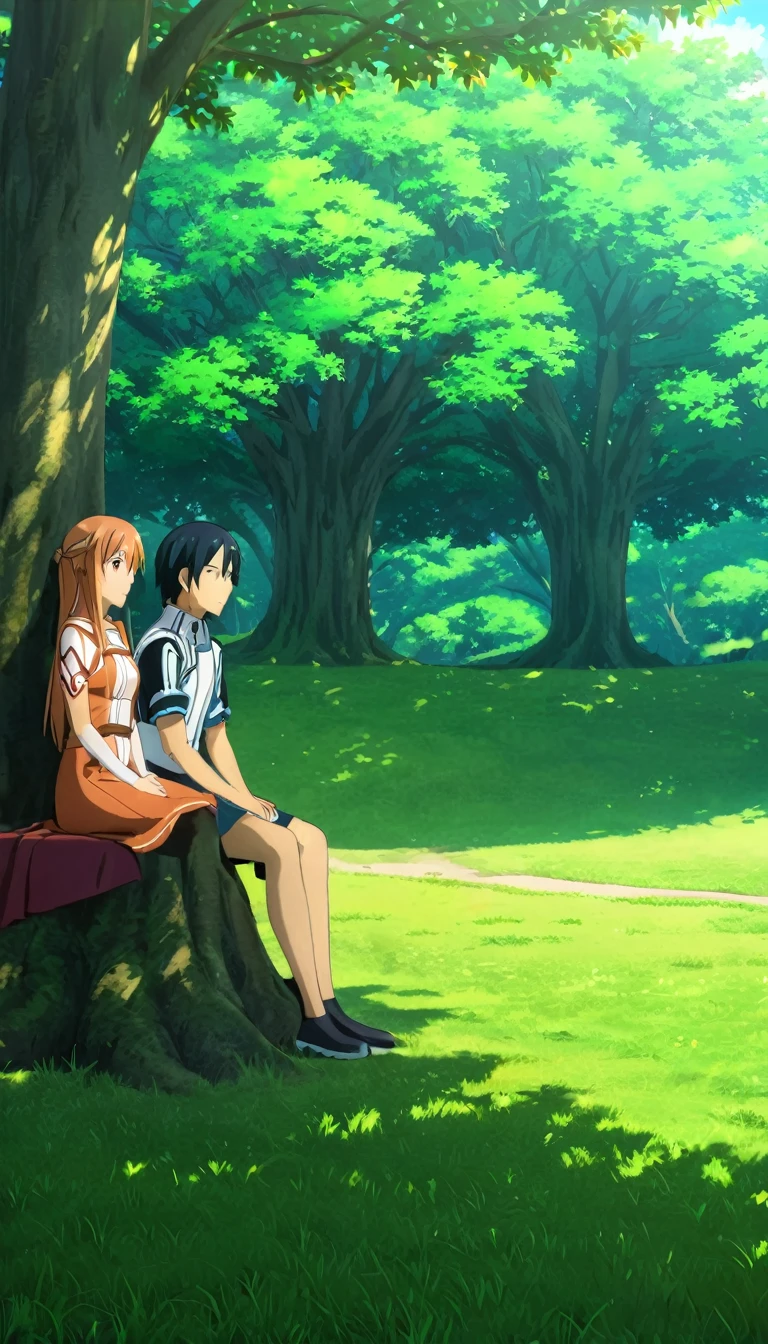 Kirito sleeps peacefully in the lap of a Asuna, both sitting beneath a tree under a clear, sunny sky with vast green meadows stretching as far as the eye can see, Kirito and Asuna, Anime Style, (1girl,1boy,couple,anime,highly detailed,intricate background,soft lighting,warm colors,vibrant,photorealistic,8k,masterpiece:1.2)