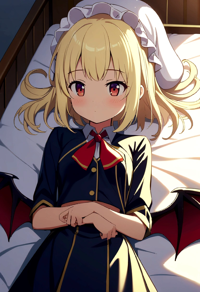 ORIENTAL PROJECT, Flanders Scarlet Lying on bed in JK uniform, Hands folded at the waist, Light yellow hair, Warm lighting, Blurred foreground, Cute, Lori, Anime, 4K, With Devil's Wings, shower cap, masutepiece, Upper body, Lying