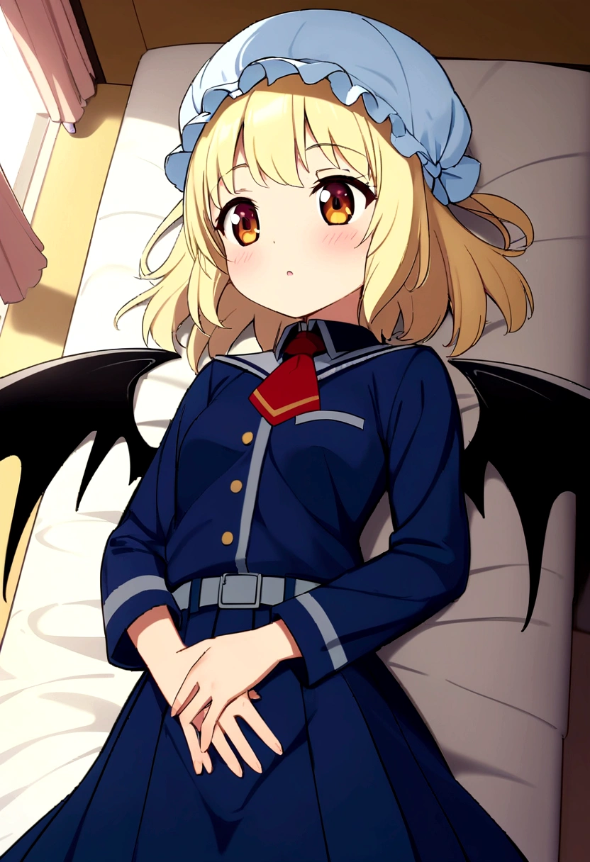 ORIENTAL PROJECT, Flanders Scarlet Lying on bed in JK uniform, Hands folded at the waist, Light yellow hair, Warm lighting, Blurred foreground, Cute, Lori, Anime, 4K, With Devil's Wings, shower cap, masutepiece, Upper body, Lying