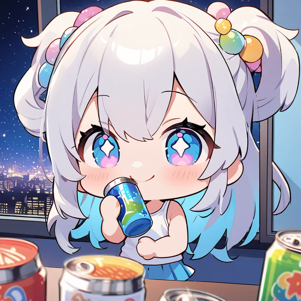 masterpiece、Highest quality、Depth of subject、2D illustration、1 beautiful girl、独奏, (((chibi style)))、((night)), ((window)), ((starry sky)), Long, beautiful hair、Shiny silver hair、cute、Beautifully detailed eyes、((Tank top))、a glass of blue soda, ((colorful))、mini skirt、((happy smile))、((Canned Chuhai)), ((close up shot))、((eating beefsteak)), ((in the room))、((There's a lot of pink around))、Thighs、((vivid color))、sparkle、((Lens flare))、