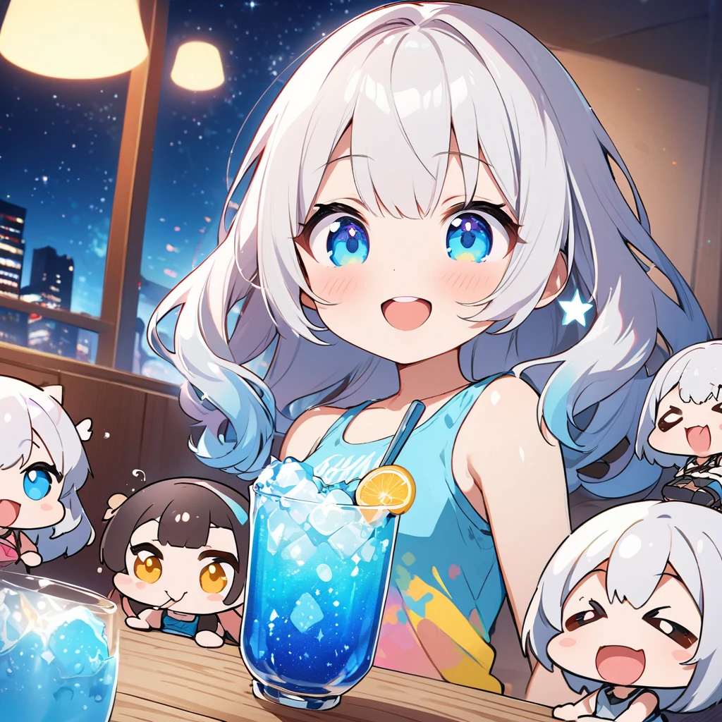 masterpiece、Highest quality、Depth of subject、2D illustration、1 beautiful girl、独奏, (((chibi style)))、((night)), ((window)), ((starry sky)), Long, beautiful hair、Shiny silver hair、cute、Beautifully detailed eyes、((Tank top))、a glass of blue soda, ((colorful))、mini skirt、((happy smile))、((Canned Chuhai)), ((close up shot))、((eating beefsteak)), ((in the room))、((There's a lot of pink around))、Thighs、((vivid color))、sparkle、((Lens flare))、