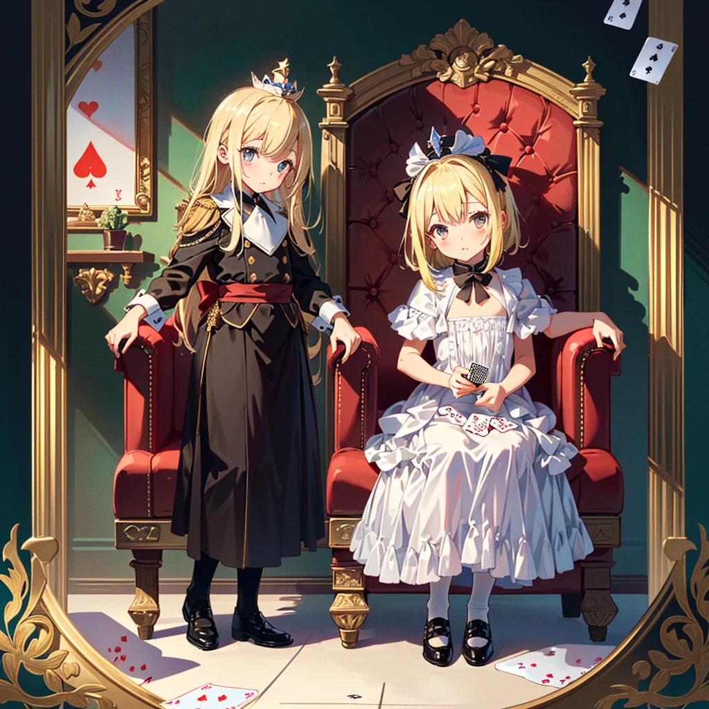 (((Masterpiece, highest quality, 8K))), Living Alice in Wonderland (Queen of Hearts Castle, Queen's Chair) ((1 girl (Alice's clothes, blonde, 5 year old girl)) Bullish expression , small, young, flat chest, round face, young, small: 1.25), (baby face), (short limbs): 1.3), from the side, (((sits in the Queen's chair in the castle of hearts, playing cards on the left and right) Soldiers line up with spears)), wide shot, full body shot