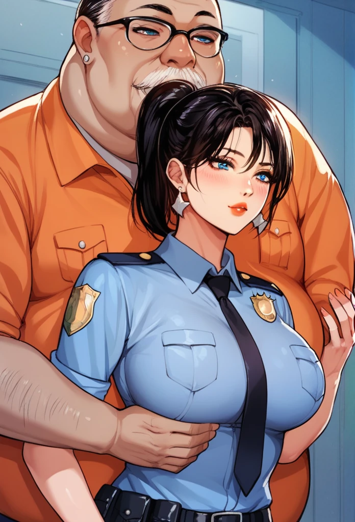 nari hugging with ugly fat old man in orange suit , blue eyes, black hair, short hair, big breasts,big silver cluster. earrings ,hair ponytail , lipstick , police uniform