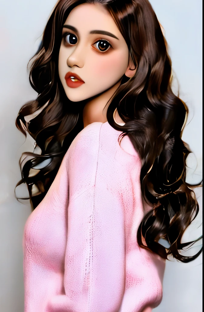Girl, long brown hair, brown eyes, sharp features, white skin, pink lips, beautiful, soft and delicate, sweater