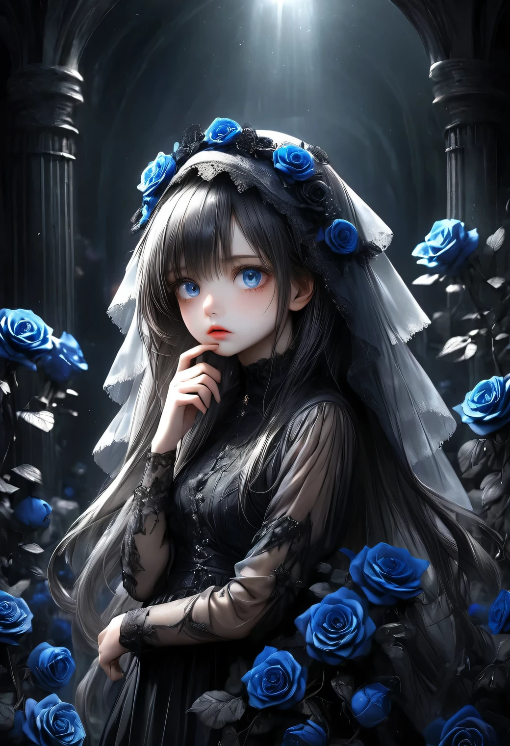 full-body view, dramatic angle, beautiful detailed eyes, beautiful detailed lips, extremely detailed eyes and face, longeyelashes, beautiful and cute young girl, a princess of the underworld, a gloomy expression, a downcast face, looking up, hand on mouth, white and black gradation hair, through bangs, flowing hair, a black race sheer veil adorned with blue-black roses, an exquisitely beautiful black dress adorned with blue-black roses, a gloomy underworld background, (highest quality,16k,highres,masterpiece:1.2),ultra-detailed,(ultra-realistic,photo-realistic:1.37),HDR,UHD,studio lighting,ultra-fine painting,sharp focus,physically-based rendering,extreme detail description,professional,vivid colors,dark gothic,dramatic lighting,chiaroscuro,mysterious,melancholy,somber,surreal,fantasy