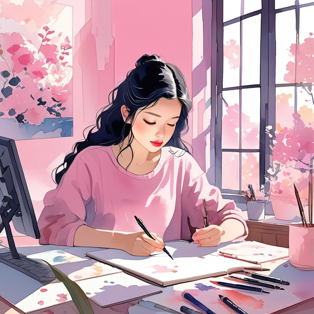 watercolor illustration In the tranquil scene of this image, a young black-haired woman is immersed in her own world, sitting at a desk in a room adorned with a pink wall. She is writing in a notebook, her hand gently holding a pen. The room environment exudes a warm and cozy atmosphere.