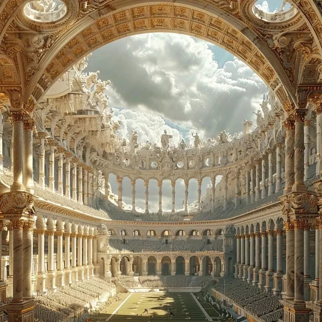 arafed view of a large building with a lot of columns, surrealistic roman architecture, stunning grand architecture, intricate and epic composition, in a coliseum, beautiful architecture, roman architecture, stunning architecture, rococo architecture, epic architecture, elaborate matte painting, amazing composition, breathtaking composition, classicism artstyle, fantasy architecture, italian renaissance architecture, great architecture