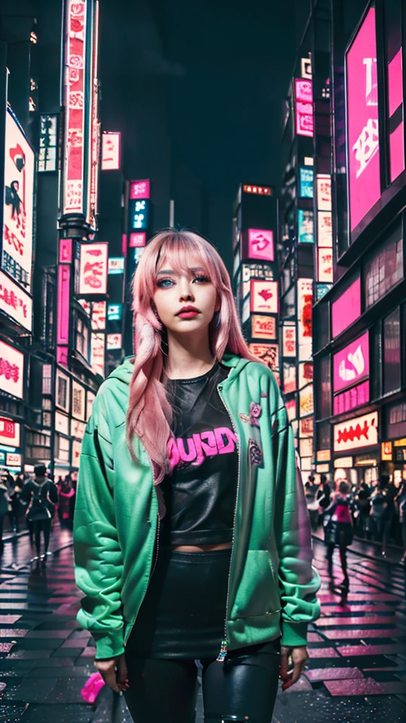 masterpiece, Highest quality, 4K, Realistic, Bokeh, Awareness-raising,1 perfect portrait of a girl, (A fascinating eye for perfect detail:1.2), Silver Hair, (Gradient Hair), (Neon blue and pink soft long hair:1.6), (Cat ear:1.2), Fantasy Background, (Harajuku Fashion), (Neon blue long sleeve), (Lean forward slightly), Tilt your head, Cinema Lighting, Larger clothes, (Seductive pose:1.4), (Cyberpunk night background:1.6), Beautiful Blue Eyes, close,