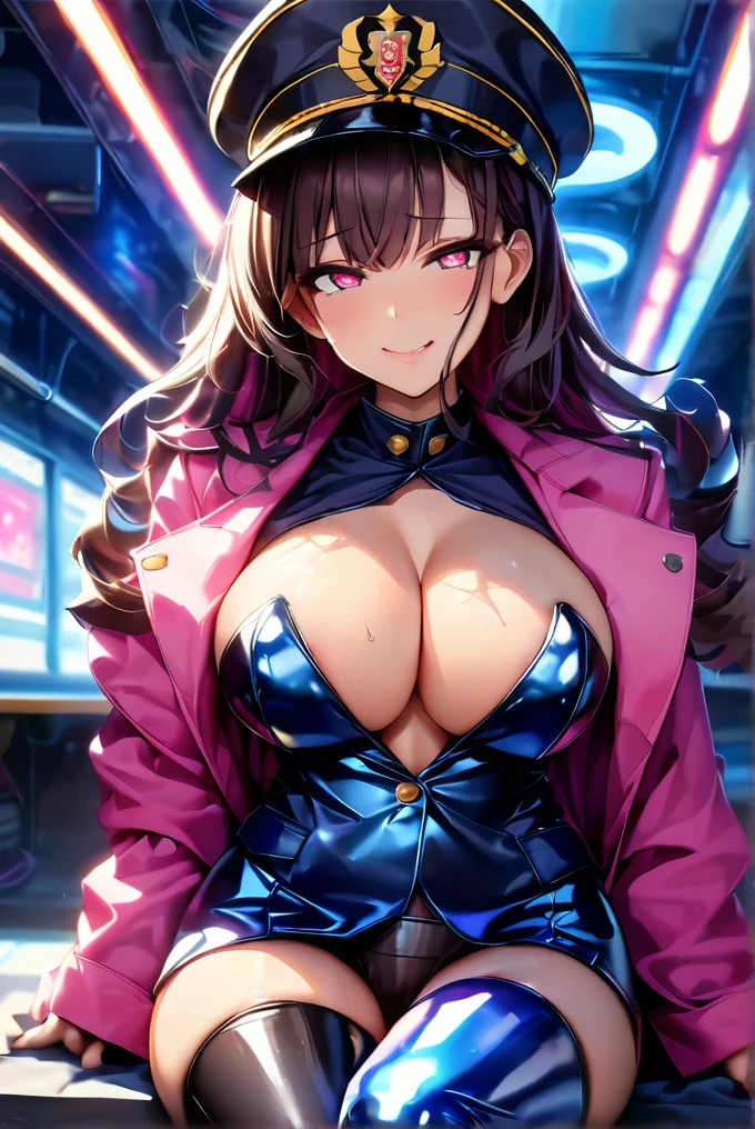 masterpiece, best quality, 1lady,black hair,long hair,glowing eyes, (finely detailed empty pupils and detailed face),,,,extremely detailed picture unity 8k wallpaper,solo,(latex military costume:0.9),large breasts,seductive smile,military hat,latex thighhigh,large breasts,black hair,pink eyes,black leotard,pantyhose,military coat,enamel suits,grossy lips,sitting,bust shot,sadistic smile,,heel