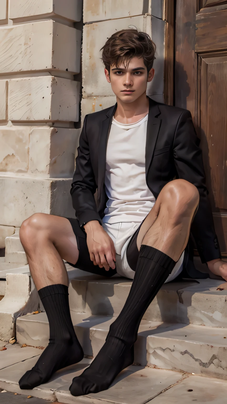 Young white-skinned Spanish male wearing black socks