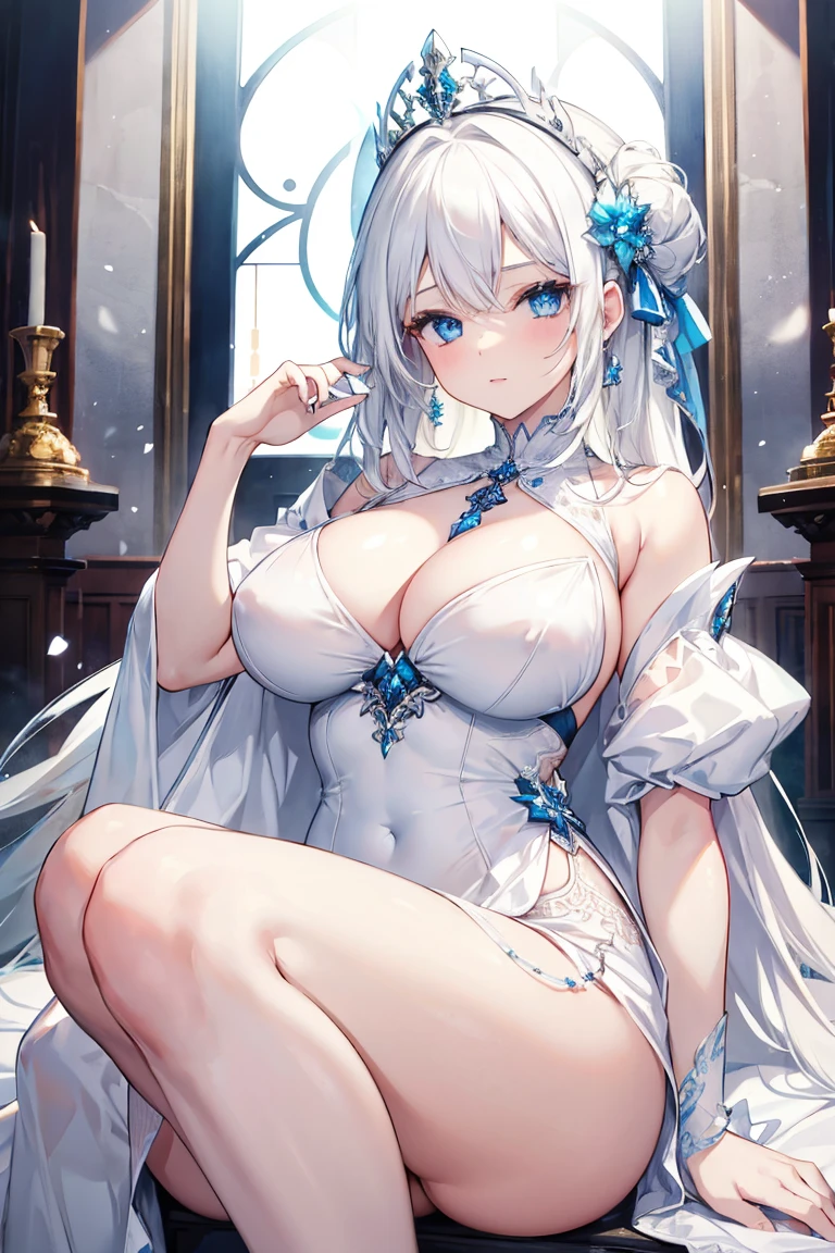 Best quality, masterpiece, 1 girl, white dress like a queen, milf, white hair, blue eyes, sexy, beuty