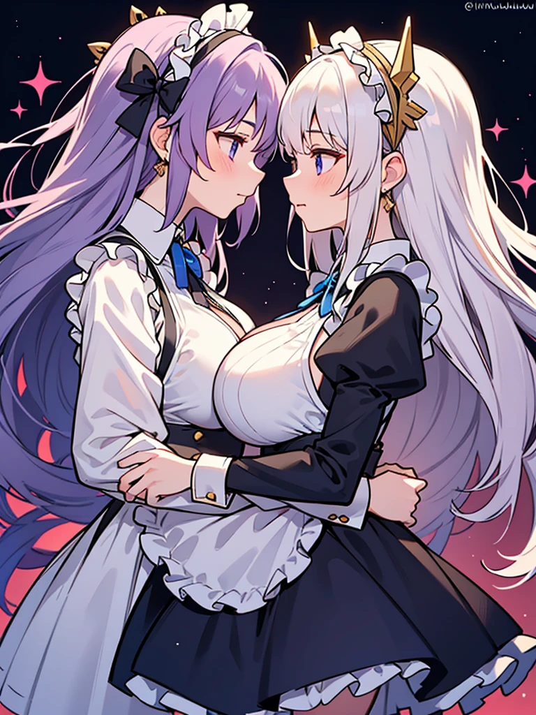 2people,
 // 
1of2=Ishtar,goddess,silver hair,dress of gold and lapis lazuli with huge tits,
 // 
2of2=Ninshubur,maid uniform frilly headband,light purple hair,