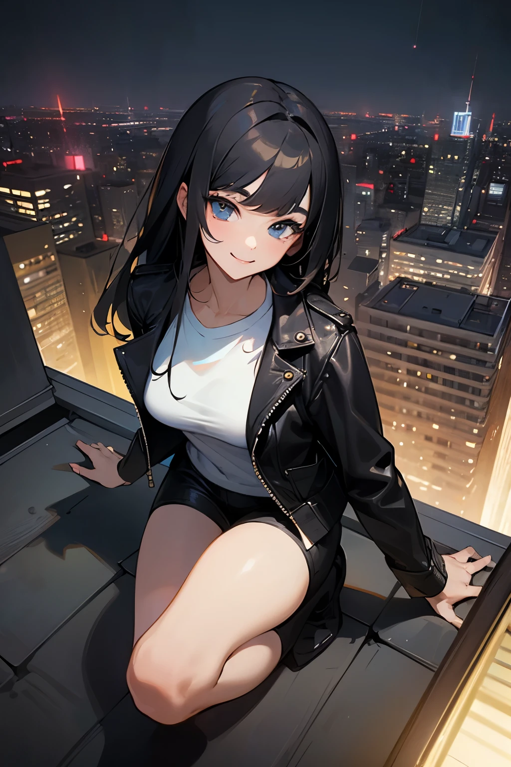 (masterpiece, best quality:1.5), brightening light, beautiful eyes, ultra-detailed face, ((perfect anatomy)), (professional look),
BREAK 1 girl, long hair, black hair, straight hair, short bangs above brows, seductive smile,
BREAK (black leather jacket:1.2), wearring white t-shirt for inner,
BREAK outdoor, cityscape, city lights, night, (rooftop:1.2), skyscraper, night sky,