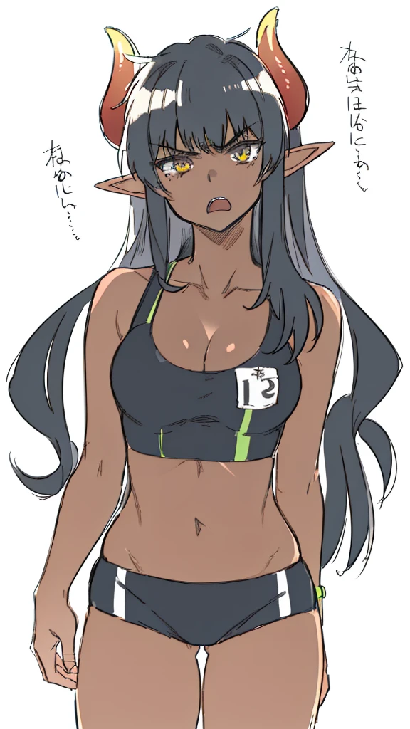 ((1girl,solo,mature female,25s,adult)),medium breasts,long hair, black hair,angry expression,horns,elf ears,black scarf,cleavage,(dark skin),((black sports bra, midriff)),white background