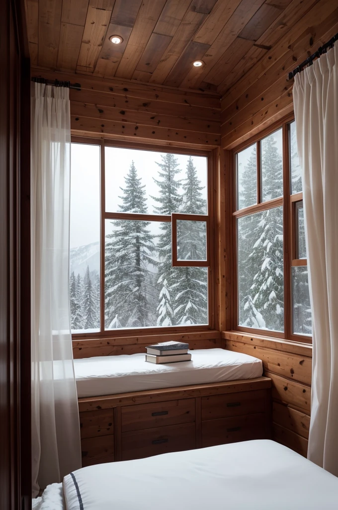 Create image of cabin made of tree logs on top of the highest mountain in the meadow, a bedroom with a very comfortable bed next to a large, wide glass window with a dark brown duvet with gold details, navy blue curtains, a bedside table with a lamp on, small vase with pink rose, and cup of coffee, books on the bed, outside snowstorm, patio full of snow, strong winds and snow falling on the window,


