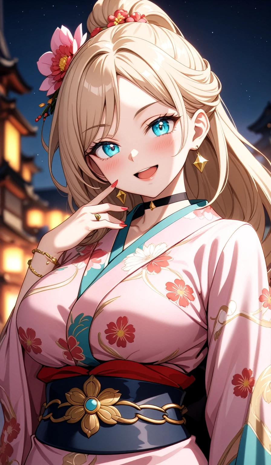 ((One personの女性)), Beautiful Face, ((Laughing embarrassedly)), (laugh),((Wink:1.7)),(peace sign),  (head tilt:1.3), Laugh with your mouth wide open,((Bright red cheeks:1.4)),Shiny red lips,night,横浜みなとみらいのnight景, firework,Laughing with your mouth open,Glossy pink lips,Facial lighting,((Anime style background)),masterpiece, Highest quality, so beautiful,up to date, Complex details, (Pink long nails),(ring),(bracelet),(choker),AI-generated, Complex,High resolution, Highest quality, super high quality,3D Images、3D Images,One person,Long blonde hair,High Ponytail,(turquoise blue eyes),Anime woman posing for a photo, ((Fine grain、Colorful eyes、Shining Eyes:1.3)),(Squint your eyes:1.1),a hyperRealistic , hyperRealistic , Realistic,Anime woman with long white hair, Smooth anime CG art, A woman in a colorful kimono with gold embroidery, (Pink long sleeve kimono),Red floral pattern,Long flower hair ornament,Earrings,Mature Body,(Big Breasts:1.1),Tall,Abdominal muscles,Tight waist,(Zoom up to face:1.6),(front view),