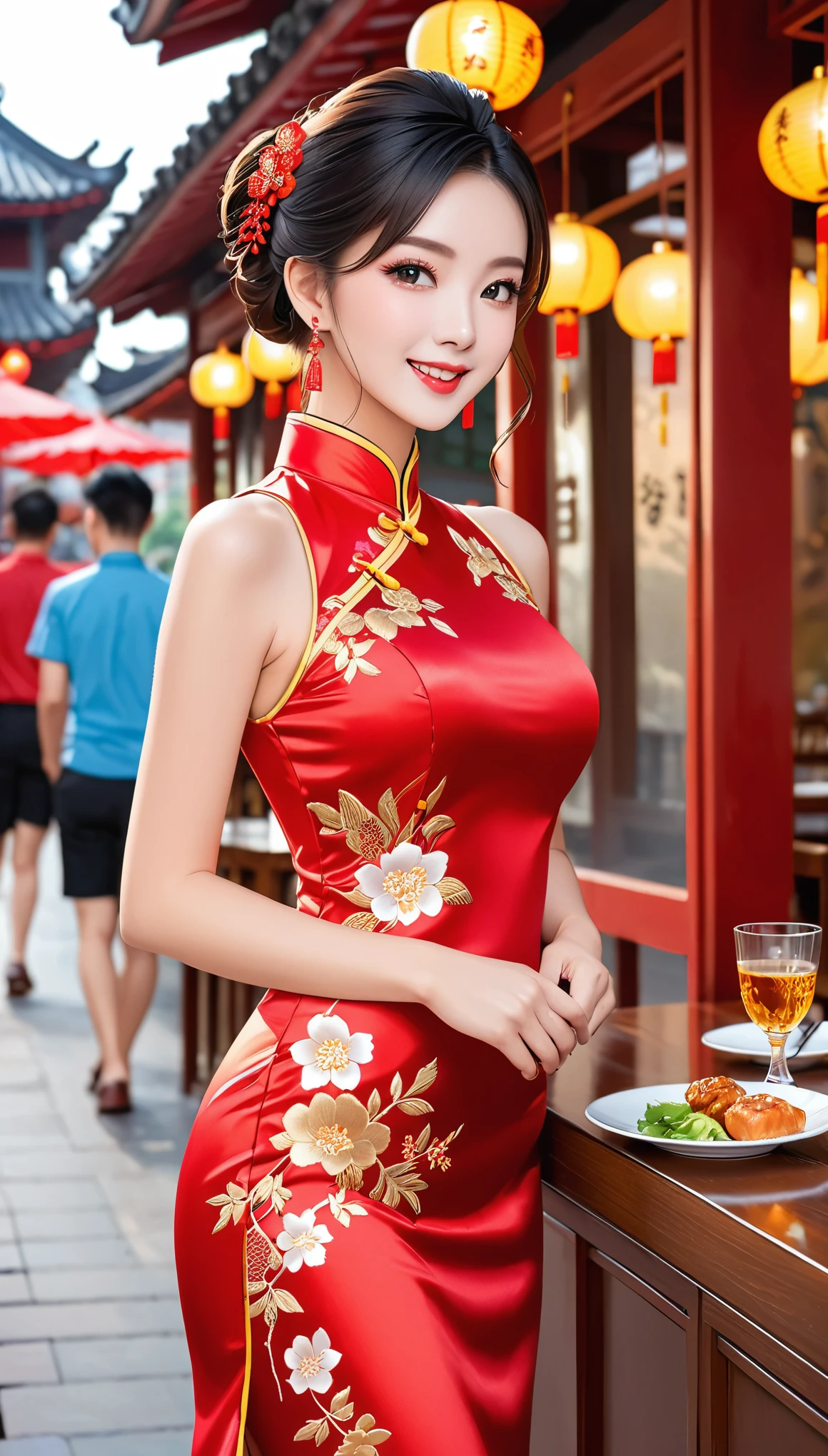 A beautiful woman, city,(Red silk cheongsam), (flower chignon), (gold embroidery thread), (slik), outdoor chinese restaurant, open mouth smile, ((black hair)), little blush, side, (breast), Reflecting the buttocks