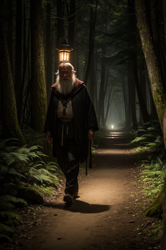 In a dense, dark forest, where the shadows dance between the ancient trees, a wise old man walks slowly. He holds an oil lantern that emits a soft, flickering light., barely enough to light the path ahead of you. The glow of the flashlight reveals his wrinkled face and his eyes full of wisdom. The leaves beneath your feet crunch with each step, and the distant sound of nocturnal animals echoes around. He appears to be on an important journey, maybe in search of something or someone lost in time. The darkness around you is deep, but the presence of the wise man and his lantern bring a sense of calm and hope.