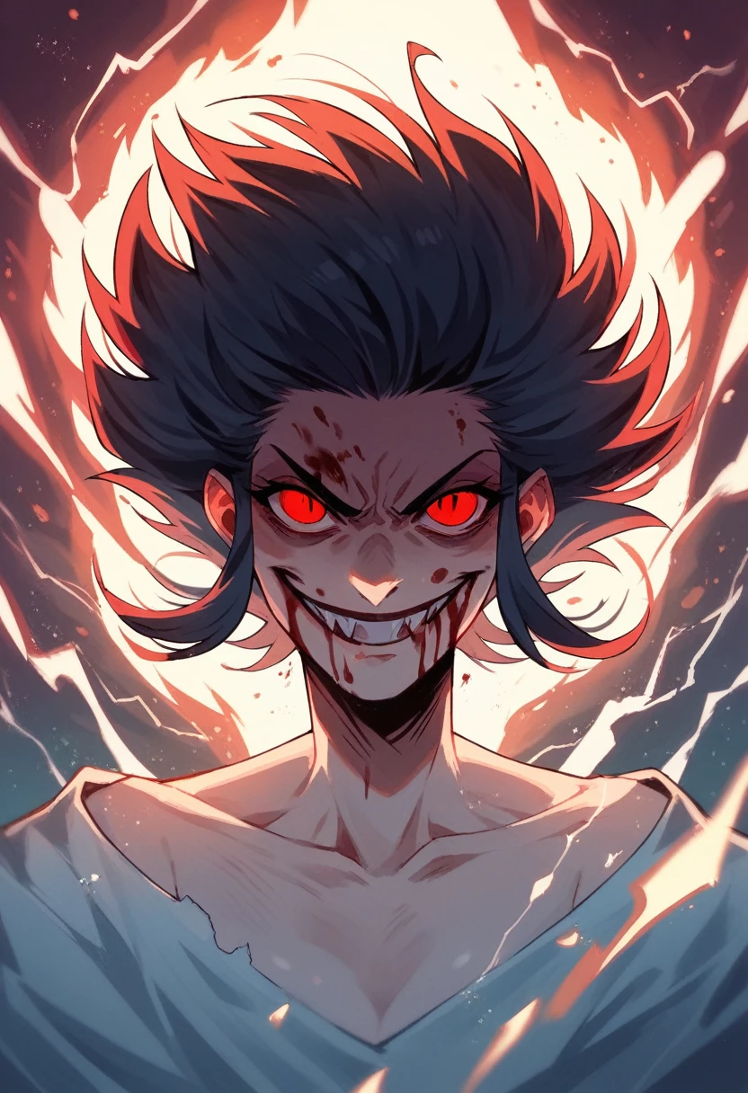 1girl, flying hair, red eyes, fire witch, blood on face, light particles, lightning rays, wallpaper, colorful, high contrast, vampire, smirk, evil smile, psychopathic smirk, psychopathic smile, tilted head