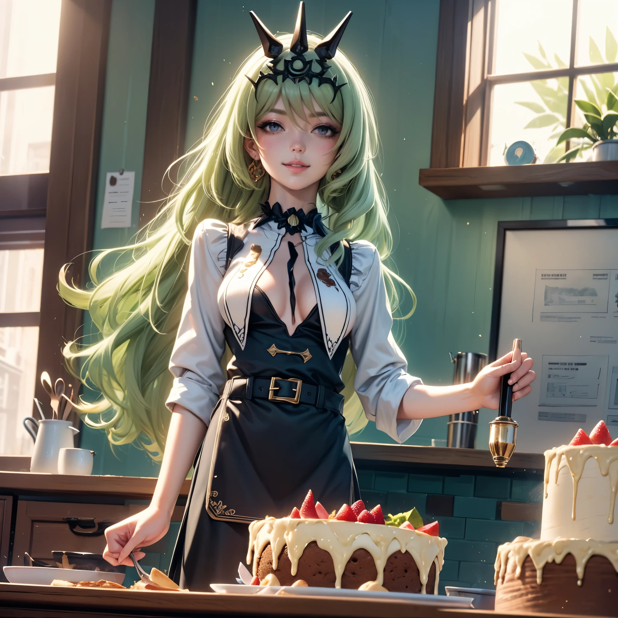 Mobius_(honkai impact 3d), bakery, holding a pastry brush, bakery utensils, cooking a cake, ornament hair, perfectly body, perfectly hands, wave hair, light green hair, long hair, maid, maid dress, maid headdress, maid apron, stand up close to the window, kitchen, kitchen scenery, gold lantern, black dress, more details on her clothes, black dress, golden details, night, smiling, coat, ((4k, masterpiece, top-quality)),8k, best quality, high resolution, HD, (illustration:0.8), super cute girl, delicate and beautiful face, 1girl, solo, mature girl, super cute hairstyle, (beautiful detailed eyes:1.6), extremely detailed face, perfect lighting, extremely detailed CG, (perfect hands, perfect anatomy), Best quality, cleavage, skirt, full Body,