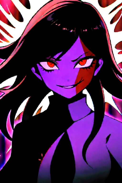 1girl, flying hair, red eyes, fire witch, blood on face, light particles, lightning rays, wallpaper, colorful, high contrast, vampire, smirk, evil smile, psychopathic smirk, psychopathic smile, tilted head