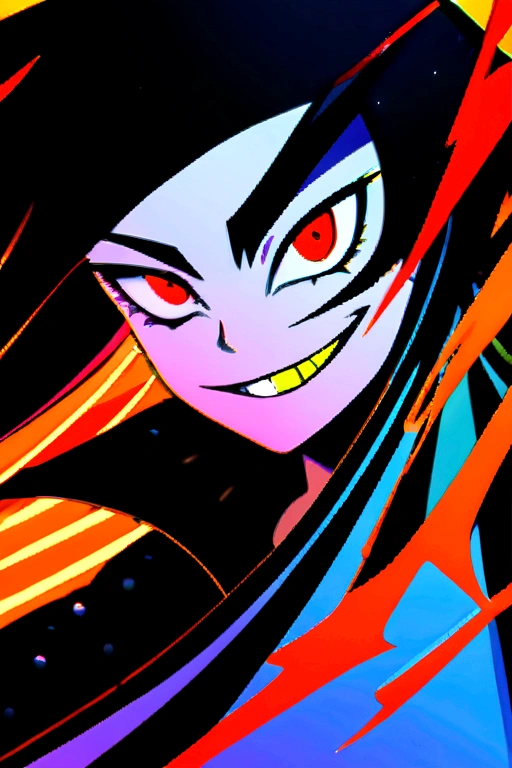1girl, flying hair, red eyes, fire witch, blood on face, light particles, lightning rays, wallpaper, colorful, high contrast, vampire, smirk, evil smile, psychopathic smirk, psychopathic smile, tilted head